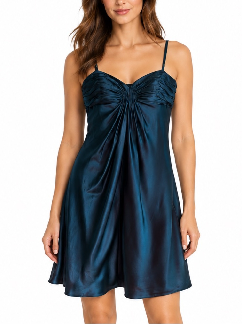Laundry by Shelli Segal 100% Silk Teal Ruched Cocktail Slip Dress Size 12 Y2K